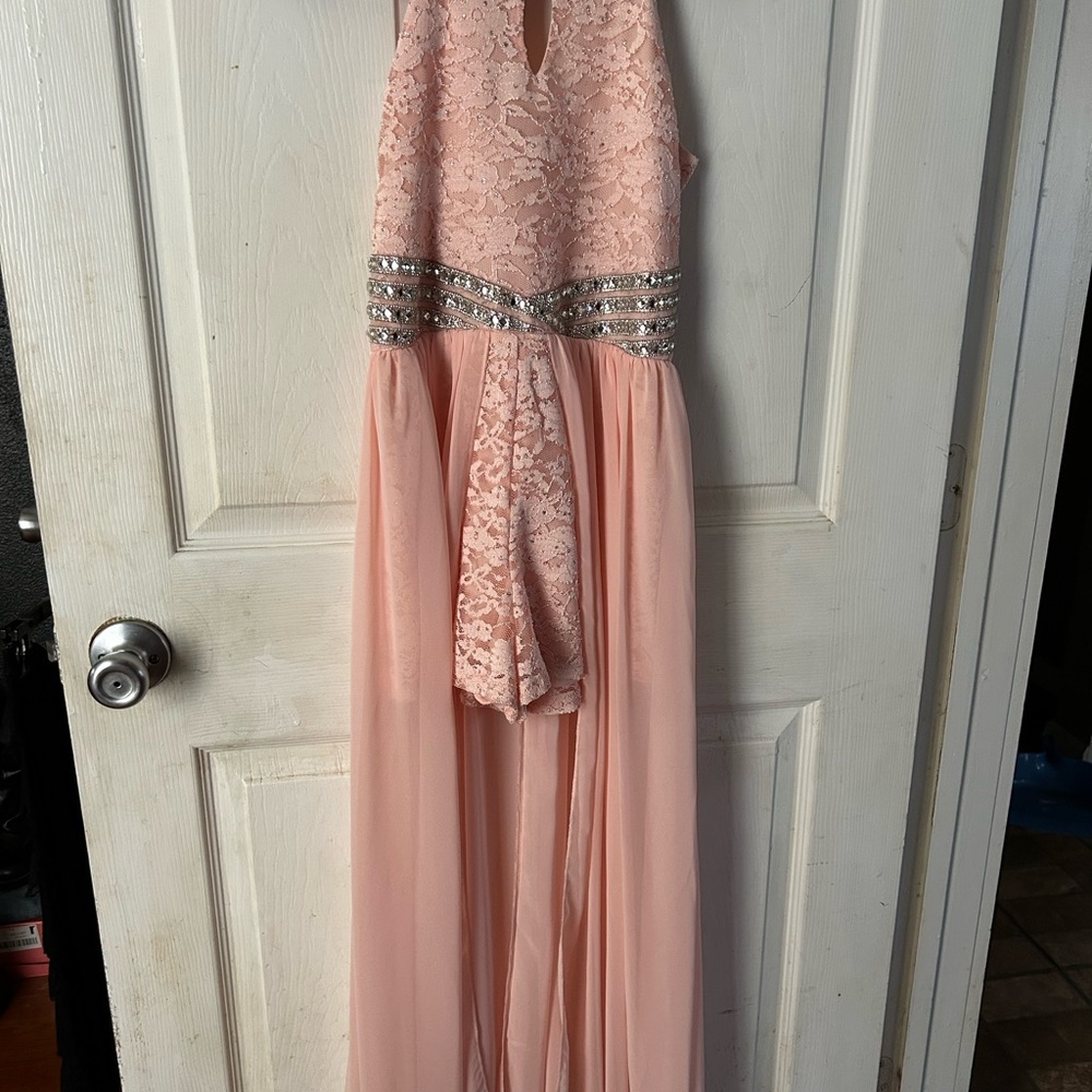 Elegant Pink Lace Gown with Silver Accents